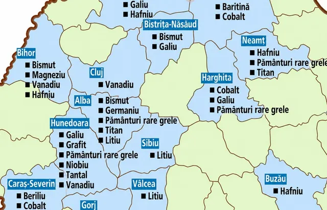 O hartă a unor județe românești cu liste de minerale precum bismut, galiu, vanadiu și litiu marcate sub numele fiecărui județ.