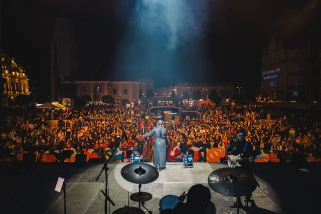 O mulțime de oameni stă în fața unei scene pe care se află un cântăreț și instrumente muzicale sub lumini de spectacol.