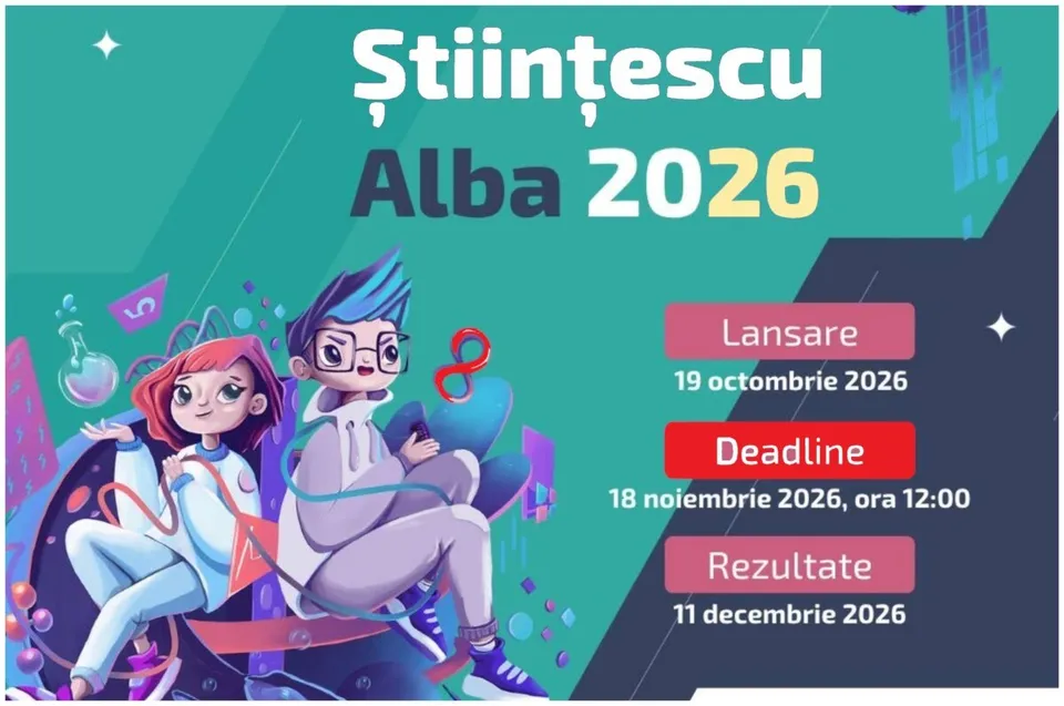 Un afiș pe fundal verde și albastru prezintă două personaje animate, text colorat și detalii despre lansare, termen limită și rezultate.