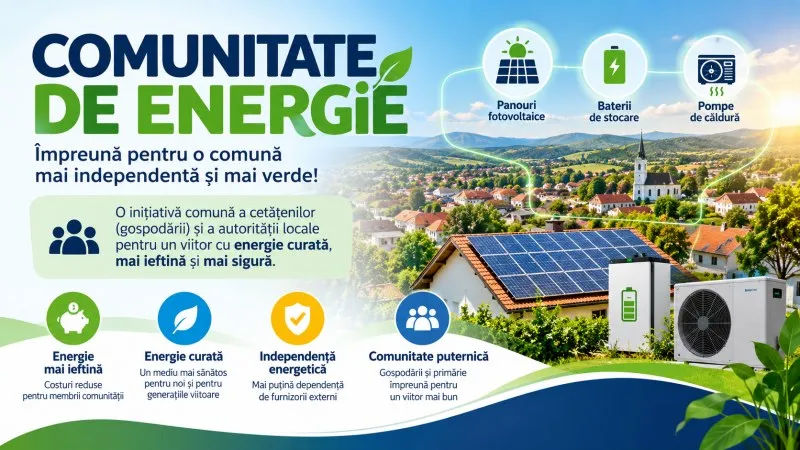 O afișare informativă cu textul „COMUNITATE DE ENERGIE”, ilustrând o casă cu panouri fotovoltaice pe acoperiș, un sistem de stocare a energiei și o priveliște a unui sat.