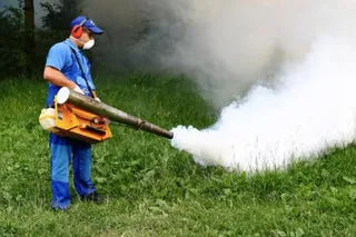 Un bărbat cu echipament de protecție și mască poartă un aparat de pulverizare care scoate un nor de fum alb peste iarbă.