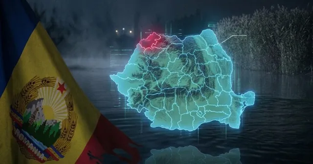 O hartă luminoasă a României cu o regiune evidențiată în roșu este suprapusă peste un peisaj de apă și trestie, lângă un steag oficial.