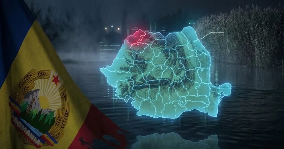 O hartă luminoasă a României cu o regiune evidențiată în roșu este suprapusă peste un peisaj de apă și trestie, lângă un steag oficial.