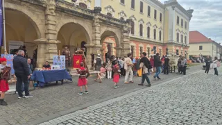 Oamenii stau pe o stradă pavată în fața unei clădiri mari cu arcade, în timp ce unii poartă costume istorice.