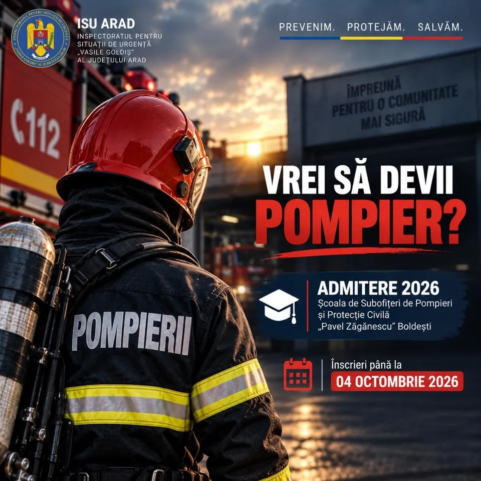 Un pompier cu cască roșie și echipament de protecție stă cu spatele, purtând un cilindru de oxigen în spate, în fața unei clădiri de serviciu.