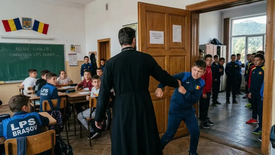 Un bărbat în haine negre trage de un copil îmbrăcat în costum sport albastru într-o sală de clasă cu elevi așezați la bănci.