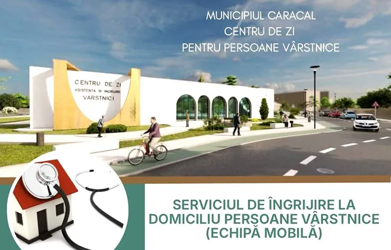 O clădire modernă cu arcuri și panouri, o bicicletă, pietoni și o mașină pe o stradă însorită.