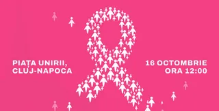 Pictograme albe de siluete umane sunt dispuse pe un fundal roz pentru a forma o panglică.
