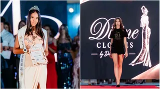 O fată poartă o coroană și o bandă pe o rochie lungă, în timp ce o altă fată merge pe o pistă în fața unui fundal negru.