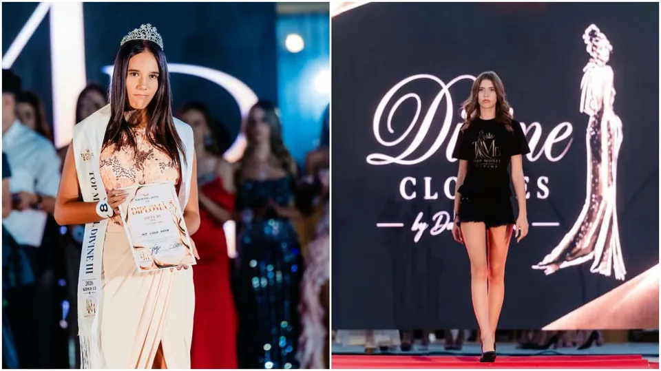 O fată poartă o coroană și o bandă pe o rochie lungă, în timp ce o altă fată merge pe o pistă în fața unui fundal negru.