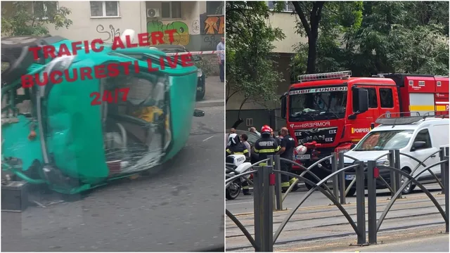 O mașină verde este răsturnată pe o stradă, lângă un camion de pompieri roșu și o mașină de poliție albă.