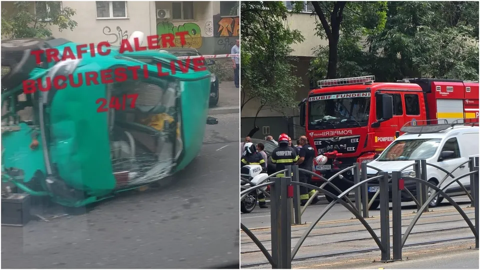 O mașină verde este răsturnată pe o stradă, lângă un camion de pompieri roșu și o mașină de poliție albă.