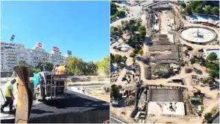 Două imagini prezintă un șantier cu utilaje grele, un lucrător în vestă reflectorizantă și o vedere aeriană a unei zone excavate cu drumuri de pământ.