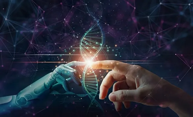 O mână umană și o mână robotică ating o structură luminoasă în formă de elicoidă pe un fundal cu conexiuni digitale.