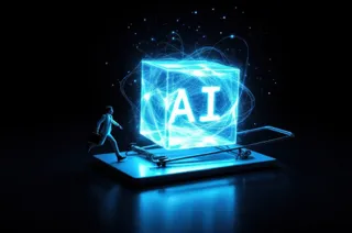 O figură umană stilizată aleargă lângă un cub luminos albastru pe care este scris textul AI, aflat pe o suprafață plană și luminoasă.