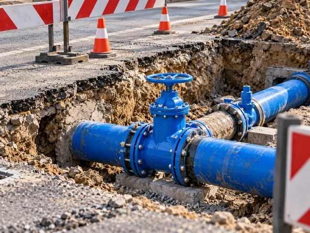 O conductă albastră cu o supapă de control este instalată într-un șanț deschis în asfaltul unei străzi, lângă conuri de circulație portocalii.