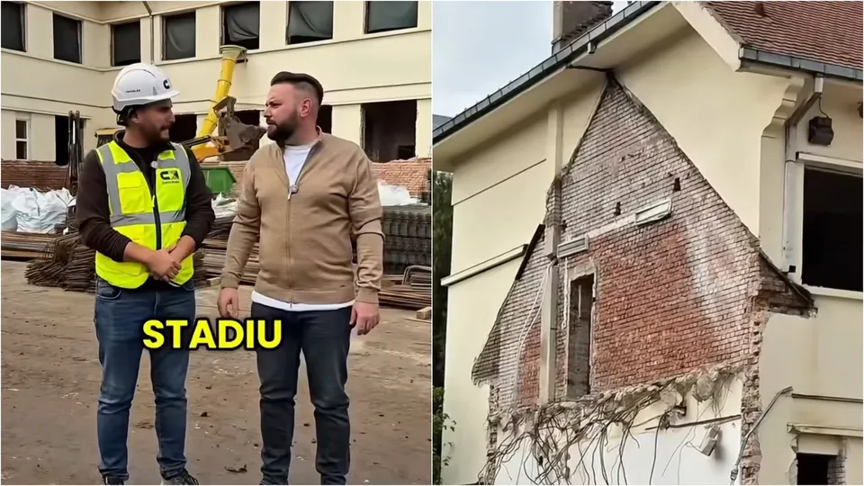 Un bărbat poartă vestă reflectorizantă galbenă și cască albă, stând lângă un alt bărbat într-o zonă de șantier lângă un perete de cărămidă expus.