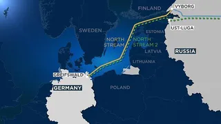 O hartă albastră arată traseul conductelor Nord Stream și Nord Stream 2 între Rusia și Germania, trecând prin Marea Baltică.