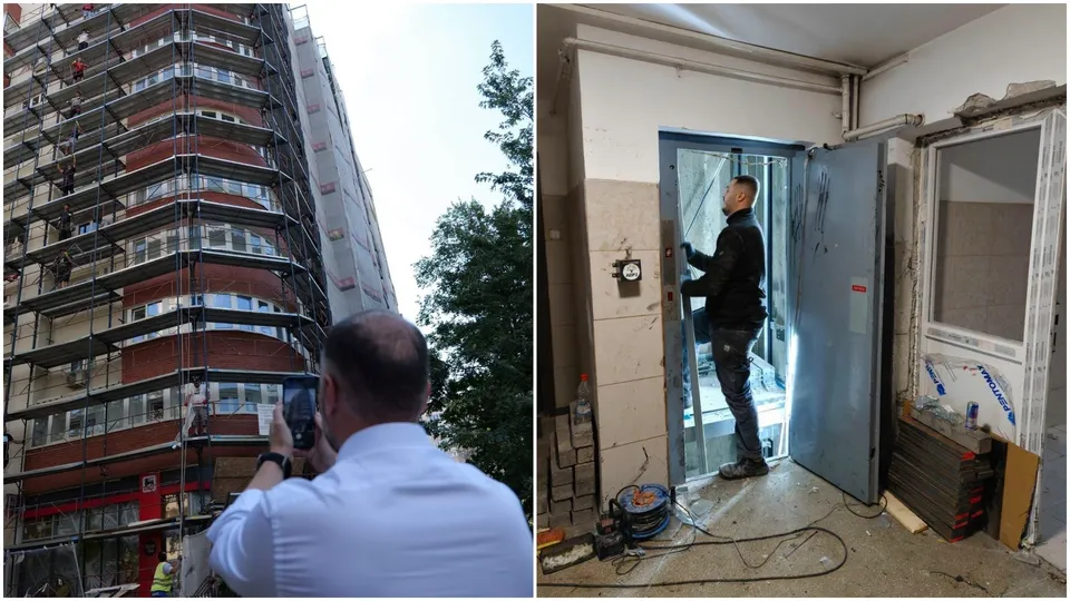 Un bărbat fotografiază un bloc acoperit de schele, în timp ce o altă imagine prezintă un om lângă un lift deschis într-un interior.