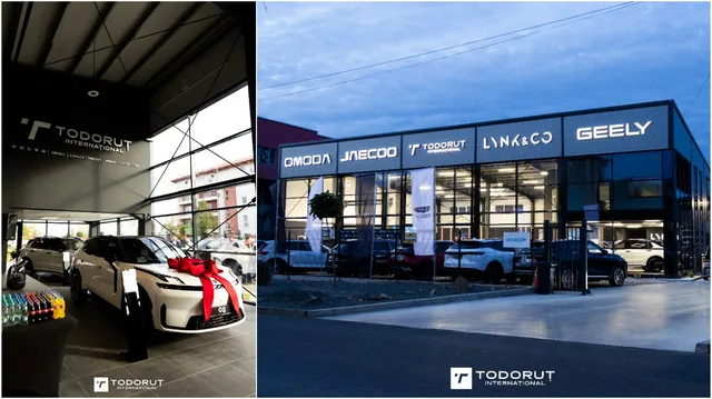 Două imagini prezintă un showroom auto cu mașini parcate în interior și exterior, sub un panou cu diverse logouri de branduri auto.