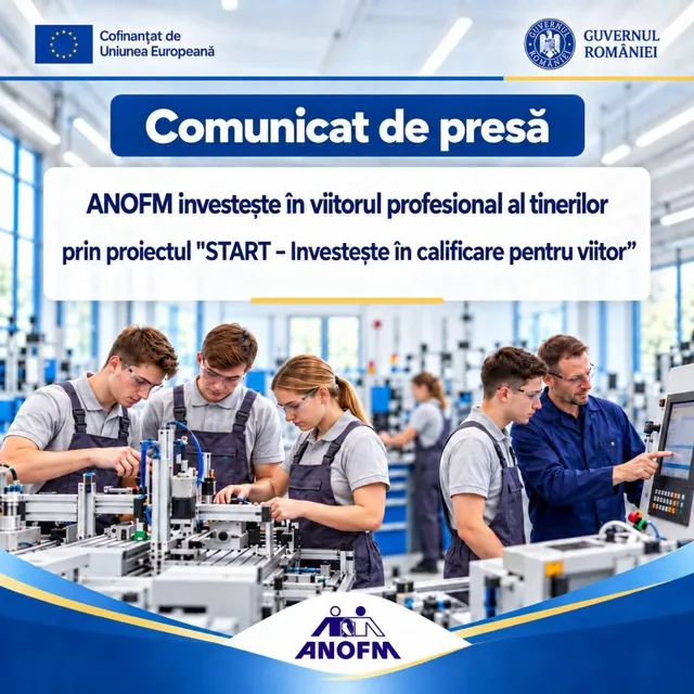 Cinci tineri și un bărbat stau lângă echipamente industriale într-un atelier, purtând haine de lucru și salbe.