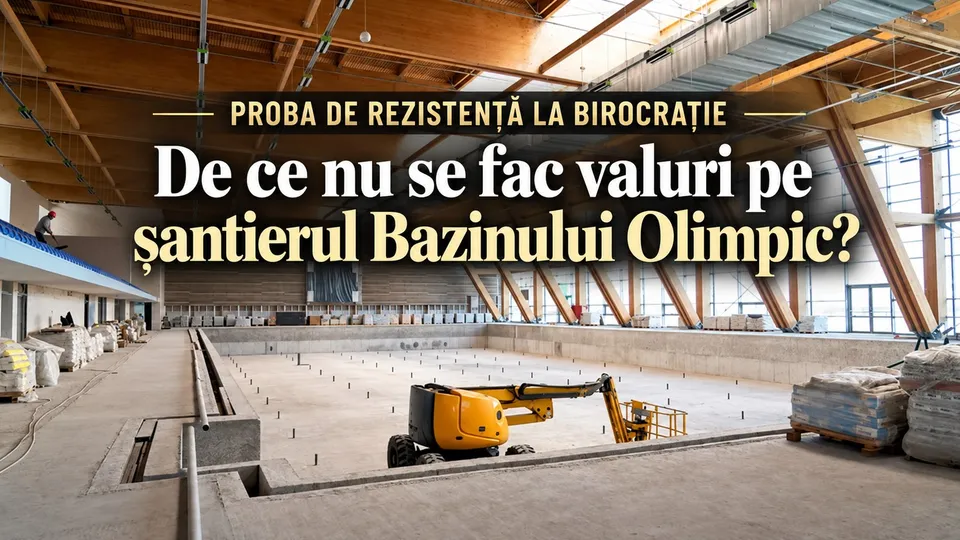 O mașină utilitară galbenă este poziționată într-un spațiu interior mare, cu structură de lemn și un podea de beton de dimensiuni considerabile.