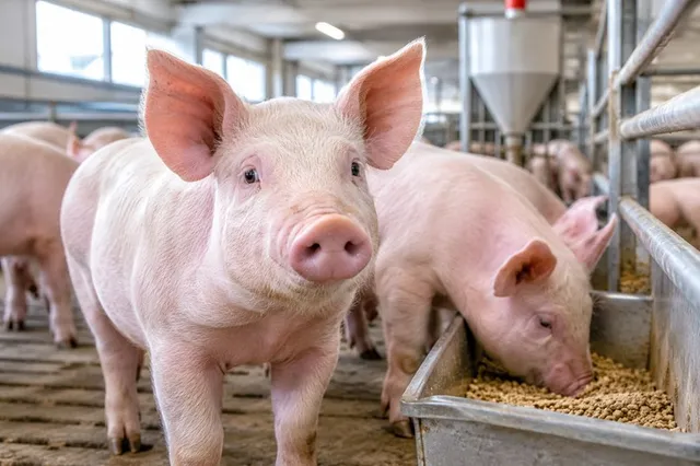 Mai mulți porci roz stau într-un cotelea, unul fiind în prim-plan, în timp ce altul mănâncă din o ladă metalică cu furaje.