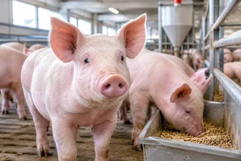 Mai mulți porci roz stau într-un cotelea, unul fiind în prim-plan, în timp ce altul mănâncă din o ladă metalică cu furaje.