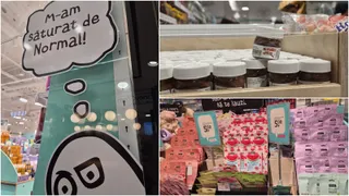 Imagine compusă din un panou cu text într-o bulă de dialog și rafturi cu borcane și produse ambalate în cutii colorate.