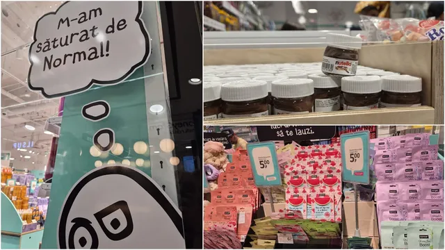 Imagine compusă din un panou cu text într-o bulă de dialog și rafturi cu borcane și produse ambalate în cutii colorate.