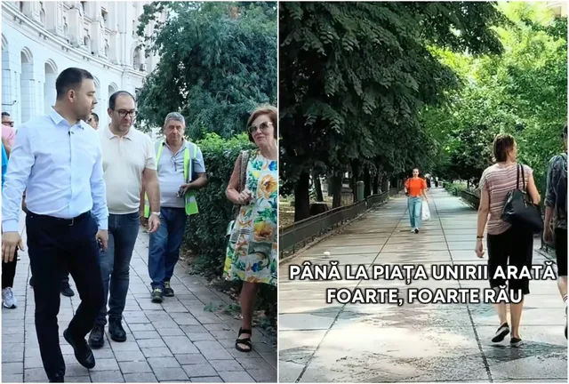 Un grup de persoane merge pe un trotuar lângă o clădire albă, în timp ce pe partea dreaptă un drum pietonal este umbrit de copaci verzi.