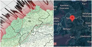 Imagine compusă dintr-o hartă topografică cu linii de contur și o hartă satelitară cu un indicator de locație roșu.