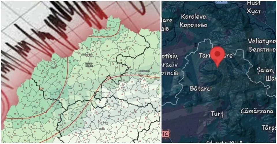 Imagine compusă dintr-o hartă topografică cu linii de contur și o hartă satelitară cu un indicator de locație roșu.