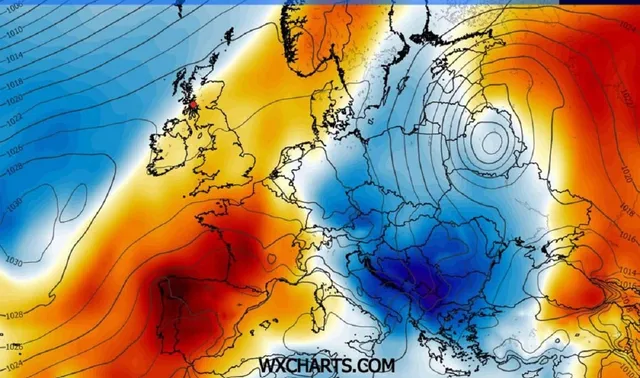Harta meteorologică prezintă contururi de presiune și zone colorate de la albastru la roșu peste conturul geografic al Europei.