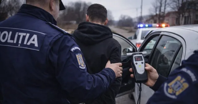 Un polițist în uniformă, cu spatele la cameră, ține de braț un bărbat, în timp ce un alt polițist ține un etilotest cu afișajul 1.51. În fundal se vede o mașină de poliție.