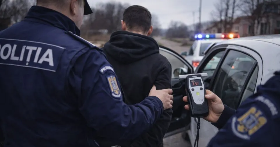 Un polițist în uniformă, cu spatele la cameră, ține de braț un bărbat, în timp ce un alt polițist ține un etilotest cu afișajul 1.51. În fundal se vede o mașină de poliție.