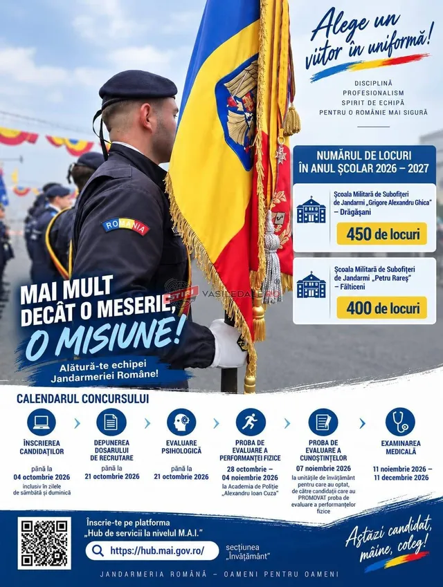 Un jandarm în uniformă, cu spatele la privitor, ține un steag tricolor românesc. În fundal, un afiș detaliază locurile disponibile și calendarul recrutărilor pentru școlile de subofițeri de jandarmi.