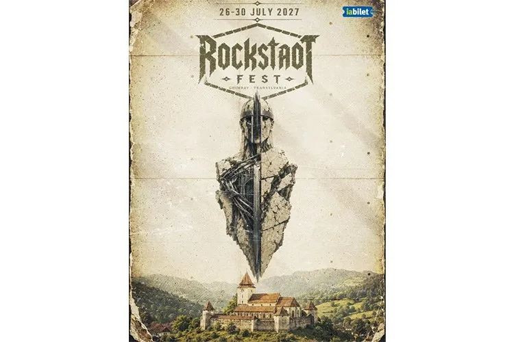 Un afiș cu textul Rockstadt Fest, o siluetă de cavaler cu sabie și o clădire istorică în fundalul unui peisaj muntos.