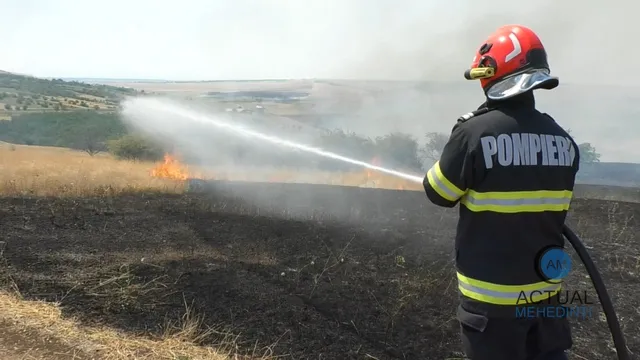 Un pompier cu echipament de protecție și cască roșie pulverizează un jet de apă pe un teren de vegetație arsă sub un cer înnorat.