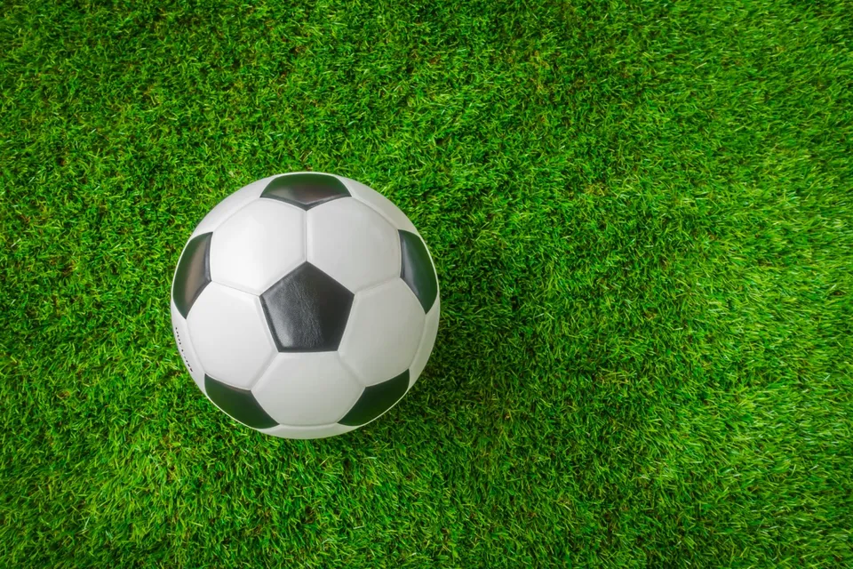 Un fotbal alb cu pete negre este așezat pe un teren de iarbă verde.