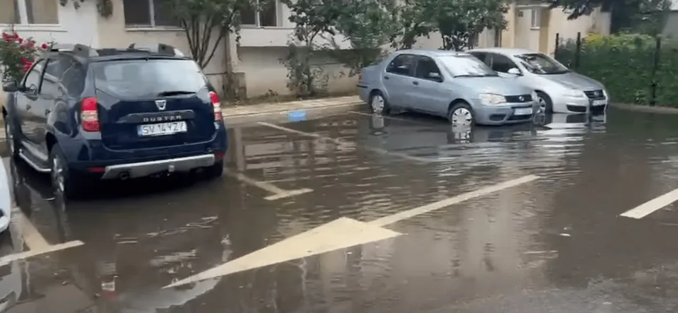 Mașini parcate pe un teren asfaltat acoperit de o peliculă de apă sub un cer înnorat.