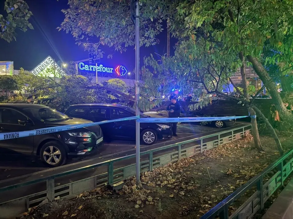 Un copac deformat este așezat peste două mașini și o motocicletă, fiind delimitată zona cu o bandă albastră sub lumini artificiale noaptea.