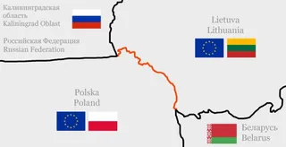 O hartă simplificată a unor regiuni și țări care prezintă contururi de frontiere, denumiri scrise și steaguri pentru Rusia, Lituania, Polonia și Belarus.