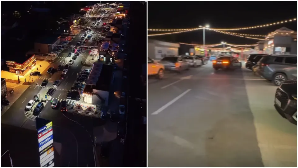 Două imagini de noapte prezintă un parcare cu mașini parcate și linii de lumini suspendate deasupra unui drum asfaltat.