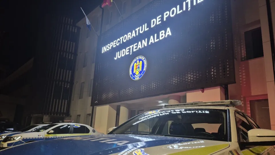 O mașină de poliție și un panou cu inscripția Inspectoratul de Poliție Județean Alba sunt vizibile noaptea.