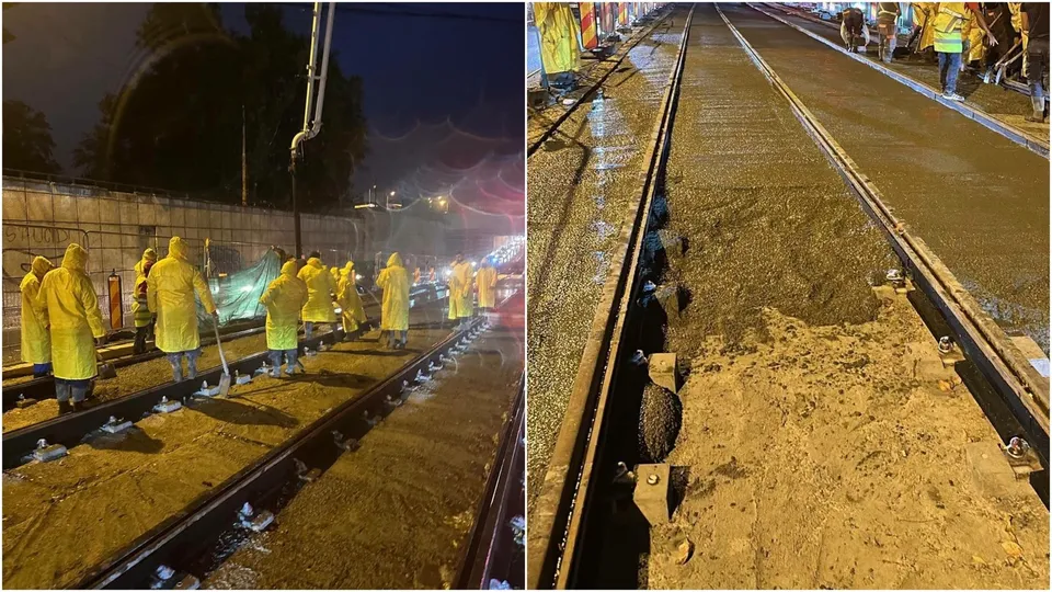Două imagini de noapte prezintă lucrători în haine galben de protecție pe șine de tramvai înconjurate de straturi de beton proaspăt turnat.