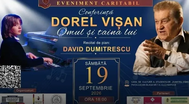 Un bărbat în vestă și o femeie la pian sunt prezentați pe un afiș cu text și detalii despre un eveniment.