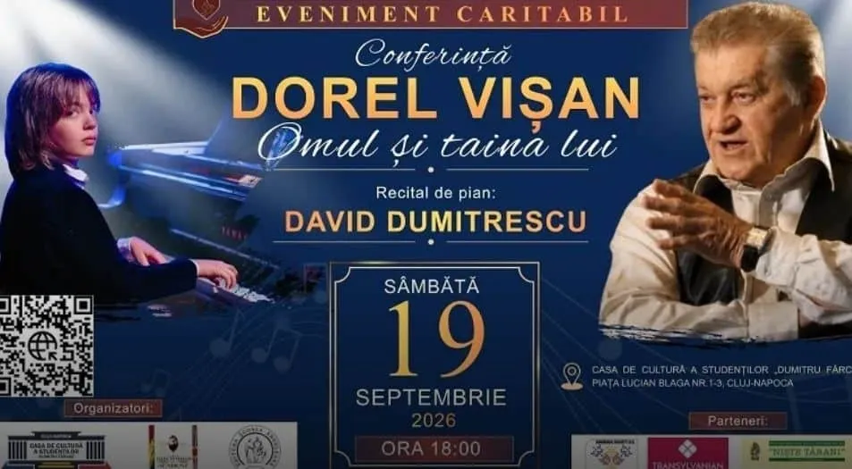 Un bărbat în vestă și o femeie la pian sunt prezentați pe un afiș cu text și detalii despre un eveniment.