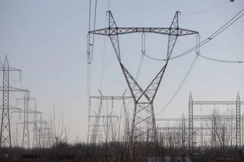 Mai multe turnuri de înaltă tensiune metalice susțin cabluri electrice sub un cer senin, deasupra unor copaci fără frunze.
