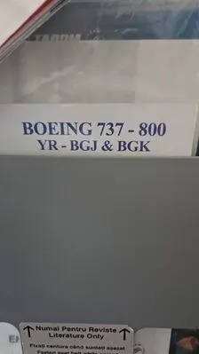 Un text pe un fundal alb afișează inscripțiile Boeing 737 - 800 și YR - BGJ & BGK.